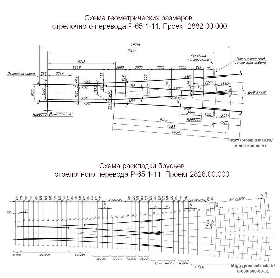 Стрелочный перевод Р65 марки 1-11 Проект 2882.00.000