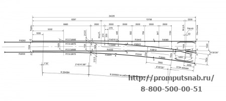 Схема геометрических размеров стрелочного перевода тип Р65 марка 1-9. Проект ЛПТП.665129.004