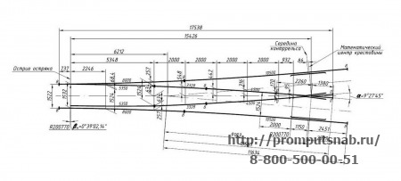 Схема геометрических размеров стрелочного перевода Р-65 1-11. Проект 2882.00.000.